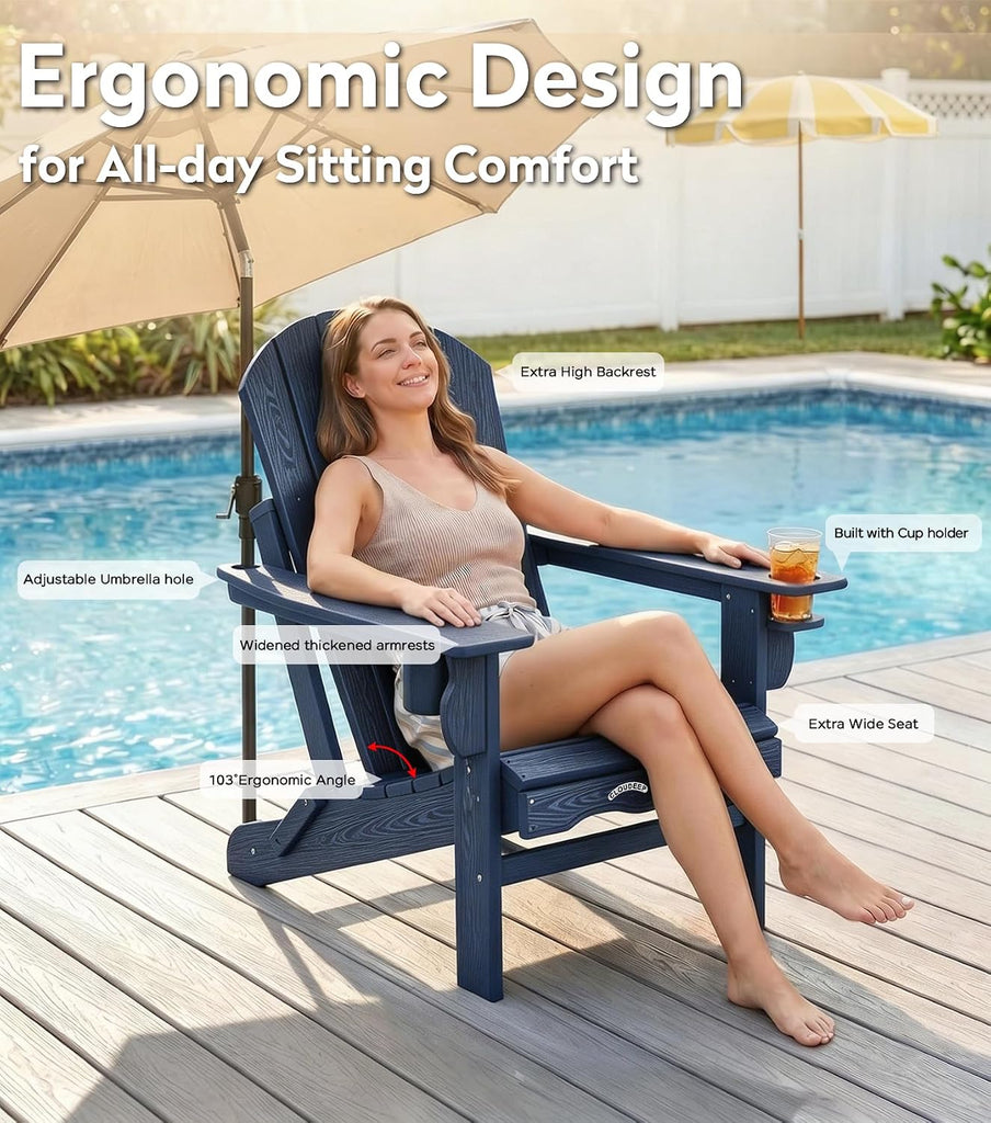 Folding Adirondack Chair, 25 Year Fade Proof Outdoor Patio Chairs | All-Weather Resistant,400 LBS Capacity,Wooden