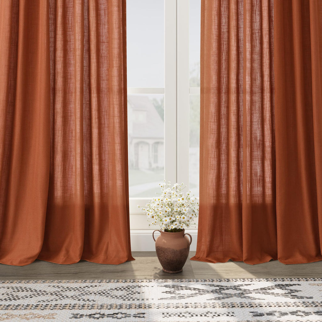 Terracotta Curtains 80 Inches Length Back Tab Rod Pocket Semi Sheer Linen Drapes Muted Neutral Boho Brick Burnt