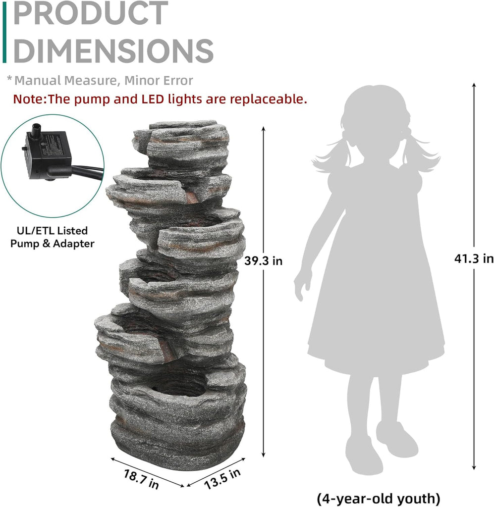 Extra-Large 6-Tier Outdoor Water Fountain with LED Lights, Cascading Rock Waterfall for Garden Patio Porch
