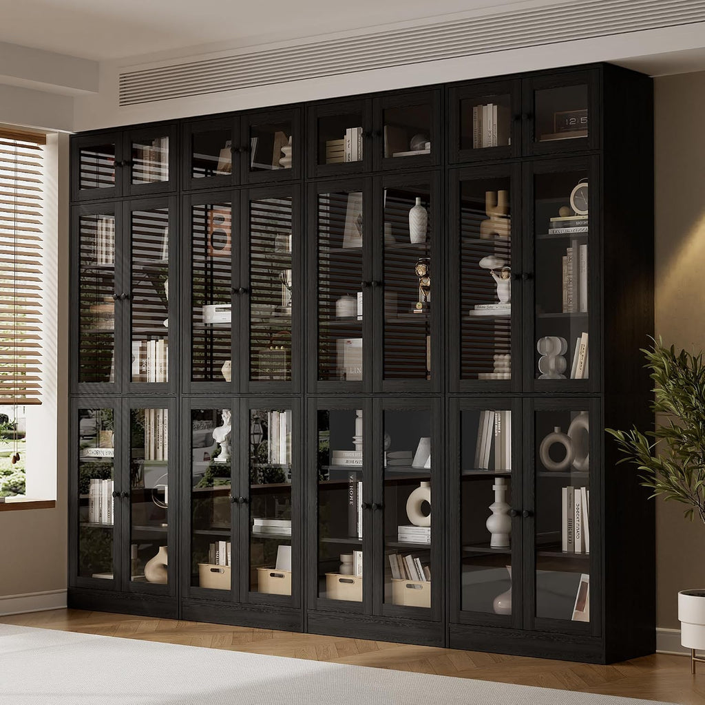 85.5" Modern Bookcase with Glass Doors Set of 4, 7-Tier Tall Wooden Bookshelf with Storage, Large Curio Cabinet
