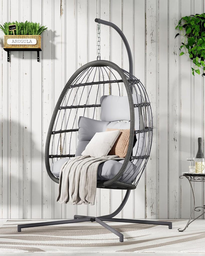 Hanging Egg Chair with Stand, Swing Hammock Chair with Cushion for Indoor Outdoor, Patio Wicker Egg Swing Chair for