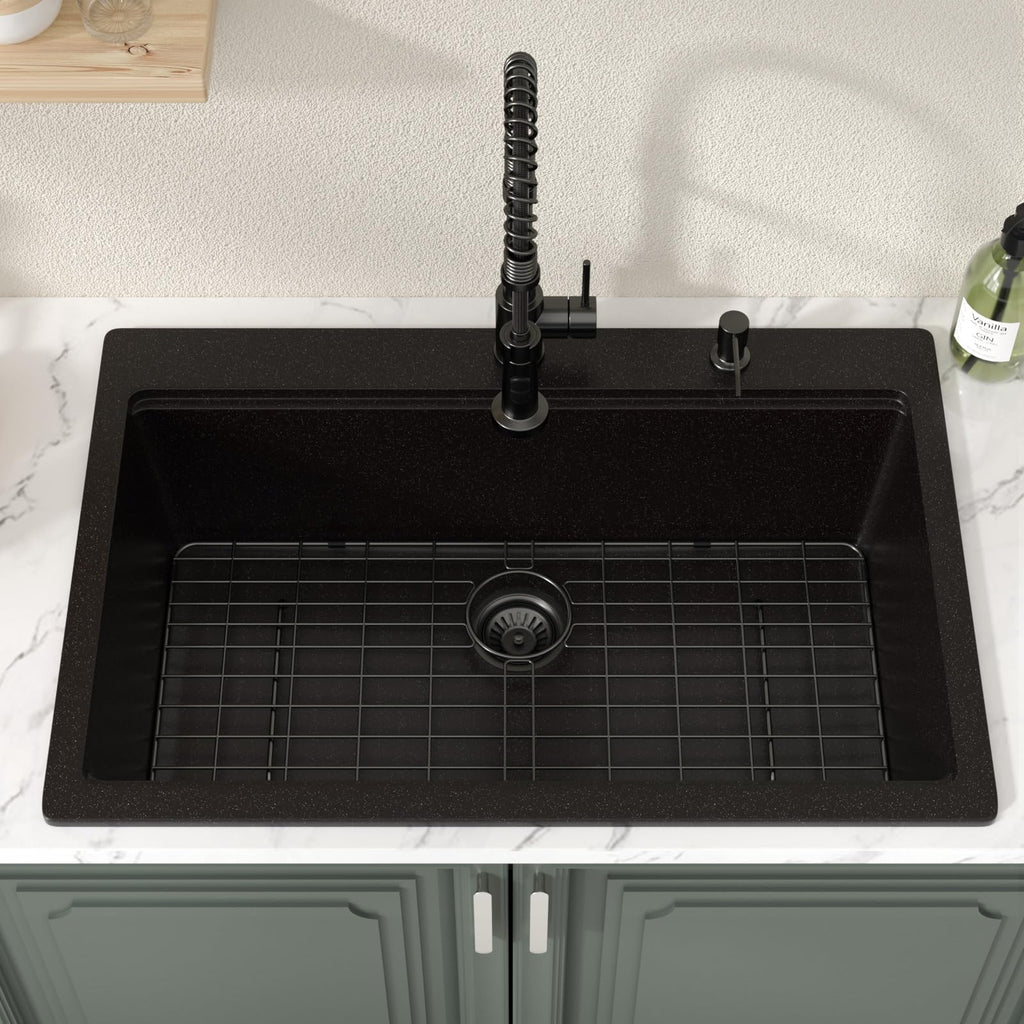 33 Inch Drop In Black Composite Granite Single Bowl Sink