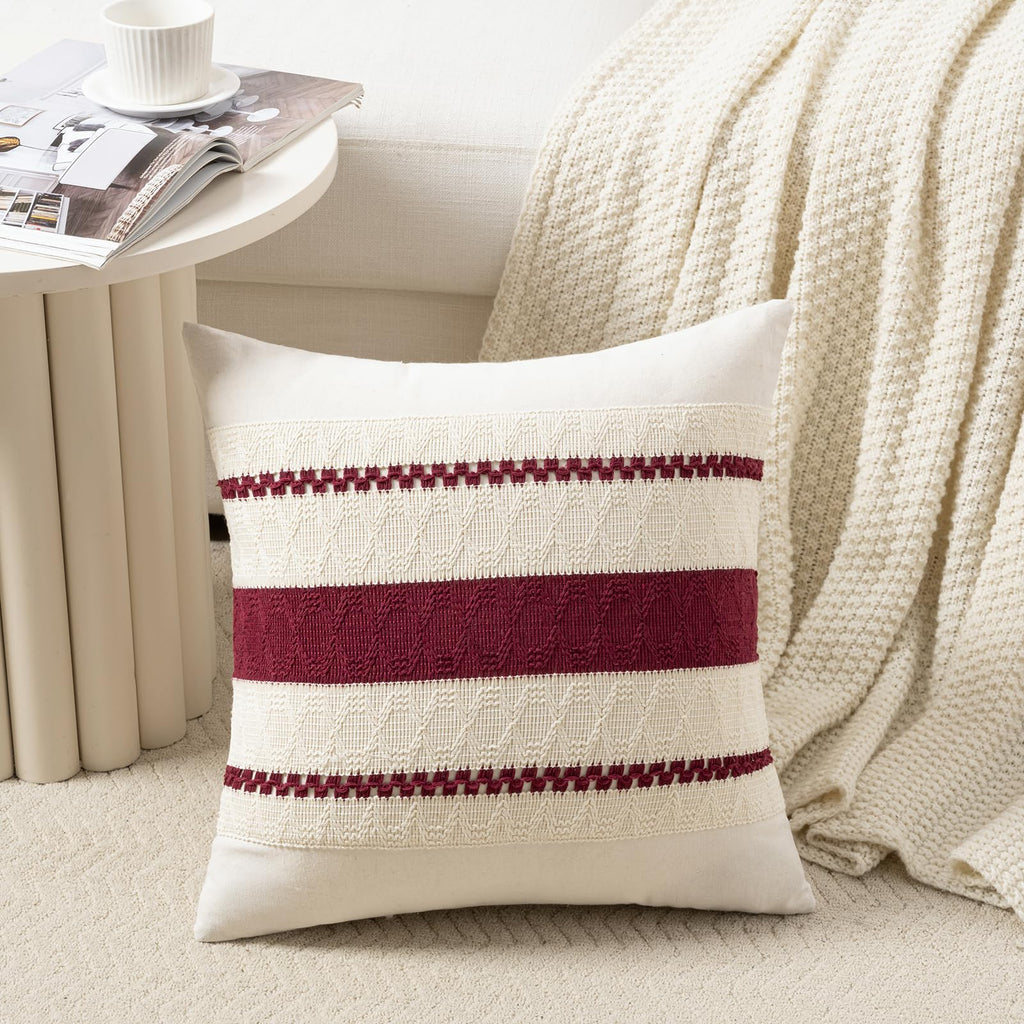 Set of 2 Burgundy Boho Decorative Throw Pillow Covers 20x20 Inch for Couch Bed Sofa, Aesthetic Modern Farmhouse