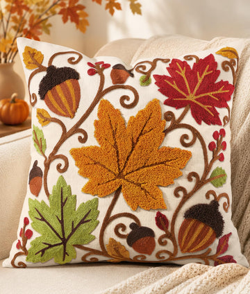 Fall Embroidered Throw Pillow Cover 18x18 Inch, Maple Acorn