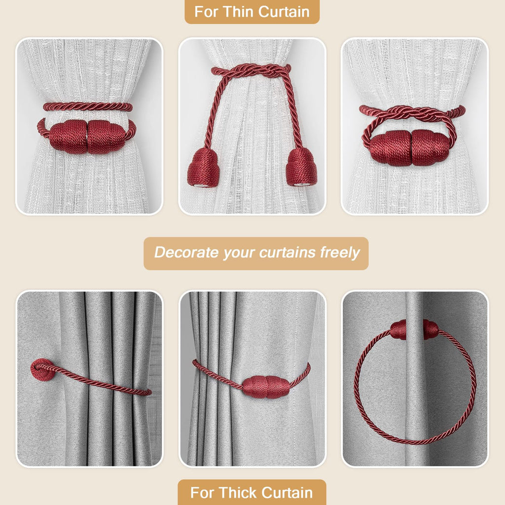 Strong Magnetic Curtain Tiebacks Handmade Weave Side Rope Curtain Holdbacks Unique & Elegant Decorative - 2 Pack