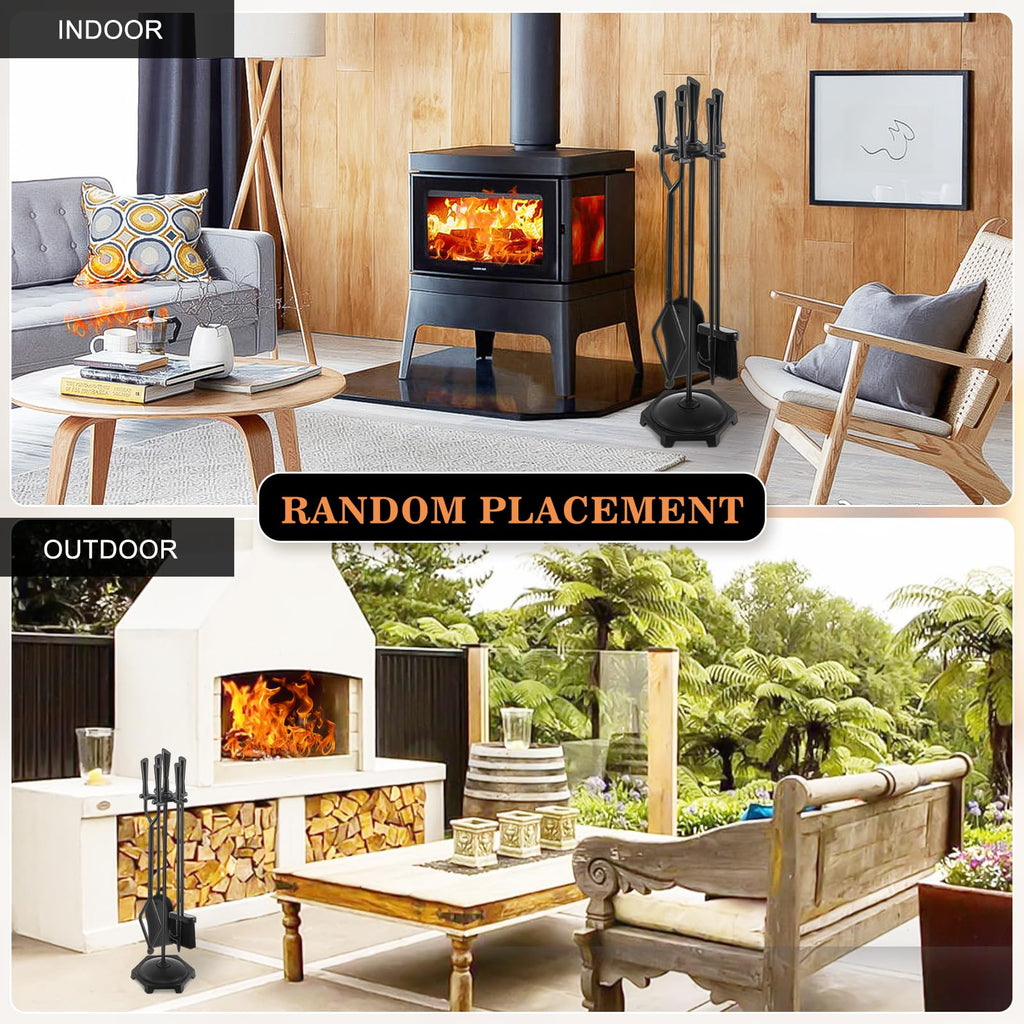 5 Pcs Fireplace Tools Set 32" Black Wrought Iron Large Fire Tool Set for Outdoor/Indoor Include Chimney Poker, Rustic