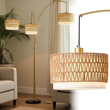 3-Light Arc Gold Rattan Floor Lamp, 80'' Boho Lamp
