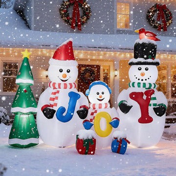 8FT Lighted Christmas Inflatables Decoration, Inflatable Snowman Family with Joy and Xmas Tree, Funny Blow Up Decor