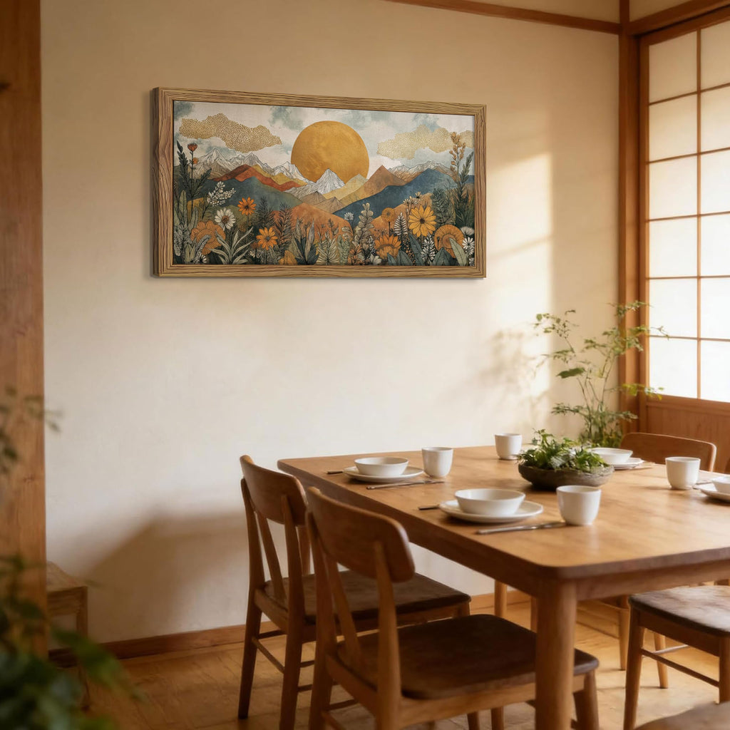 Framed Boho Landscape Large Wall Art, Abstract Sun Mountain Canvas Wall Decor Painting, Modern Floral Botanical