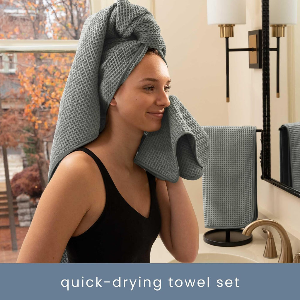 Aura Waffle Bath Towel Set, 6 Pieces, Grey | 2 Bath Towels, 2 Hand Towels, 2 Wash Cloths, Absorbent Microfiber