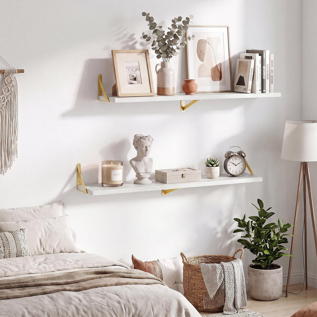 Wall Mounted Floating Shelves Set of 2, 36x8, White&Gold