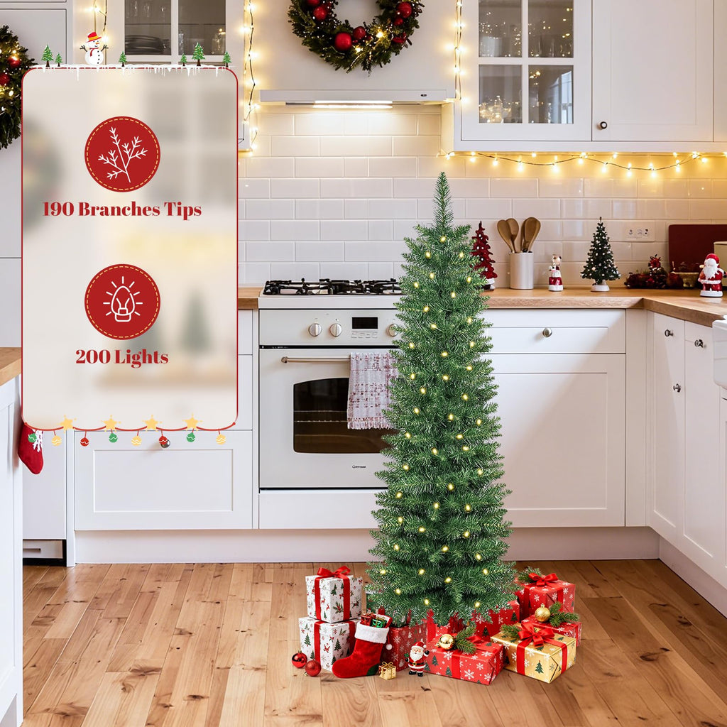 4FT Prelit Pencil Christmas Tree, Skinny Foldable Christmas Tree