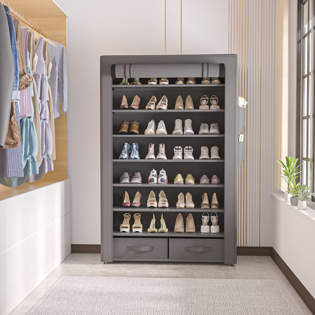 Shoe Rack Dustproof Sturdy 8Tier Tall Large Storage with Side Pocket
