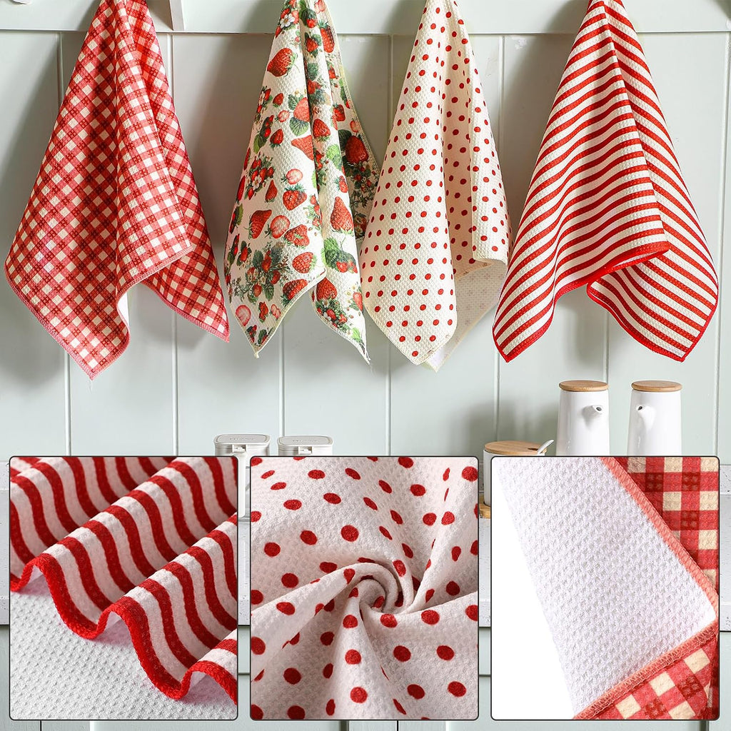 Strawberry Waffle Kitchen Towels Vintage Floral Kitchen Towels Set of 4 Waffle Dish Cloth 18 x 28 Inch Decorative
