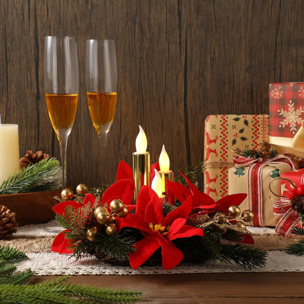 3 Set Poinsettia Centerpieces Christmas Floral LED Candles Decor