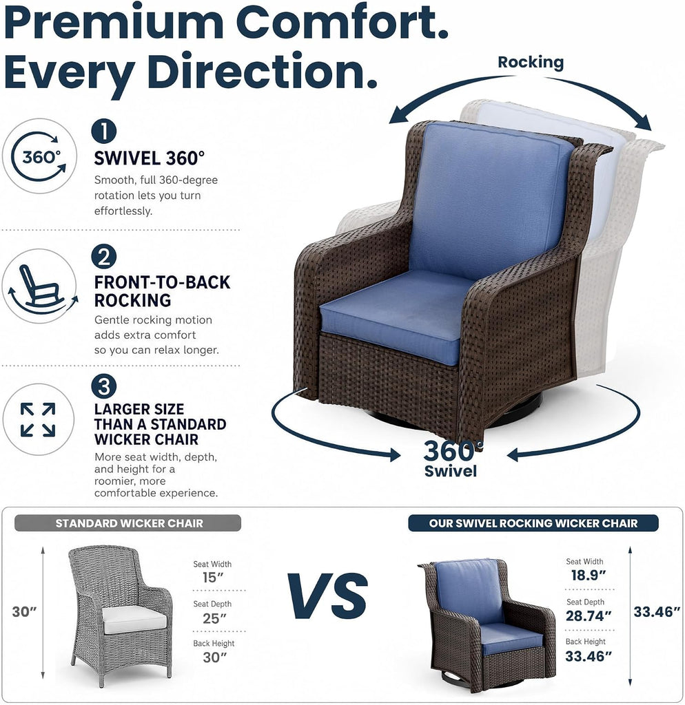 Balcony Furniture Piece Patio Conversation Set, PE Wicker Rattan Outdoor Swivel Rocking Chairs with Soft Cushions for
