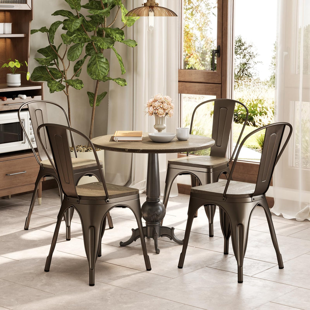 Industrial Style Dining Chair Set of 4, 18" Stackable Metal Chairs Set with High Backrest, Wood Seat & Non-Slip Foot