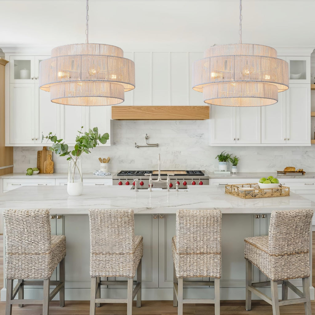 4-Light Large White Rattan Chandeliers, 22.8in Boho Coastal Pendant Lights