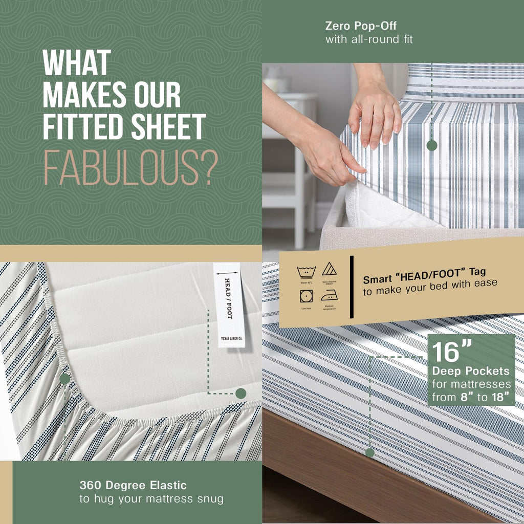 100% Organic Cotton Sheets Twin Size - 3 PC Organic Cotton Percale Printed Sheets Twin Set (Dotted Stripe), Soft