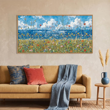 Large Blue Seaside Wildflower Framed Canvas Wall Art, Modern Nature Ocean Wall Decor, Rustic Sky Printing, White Cloud