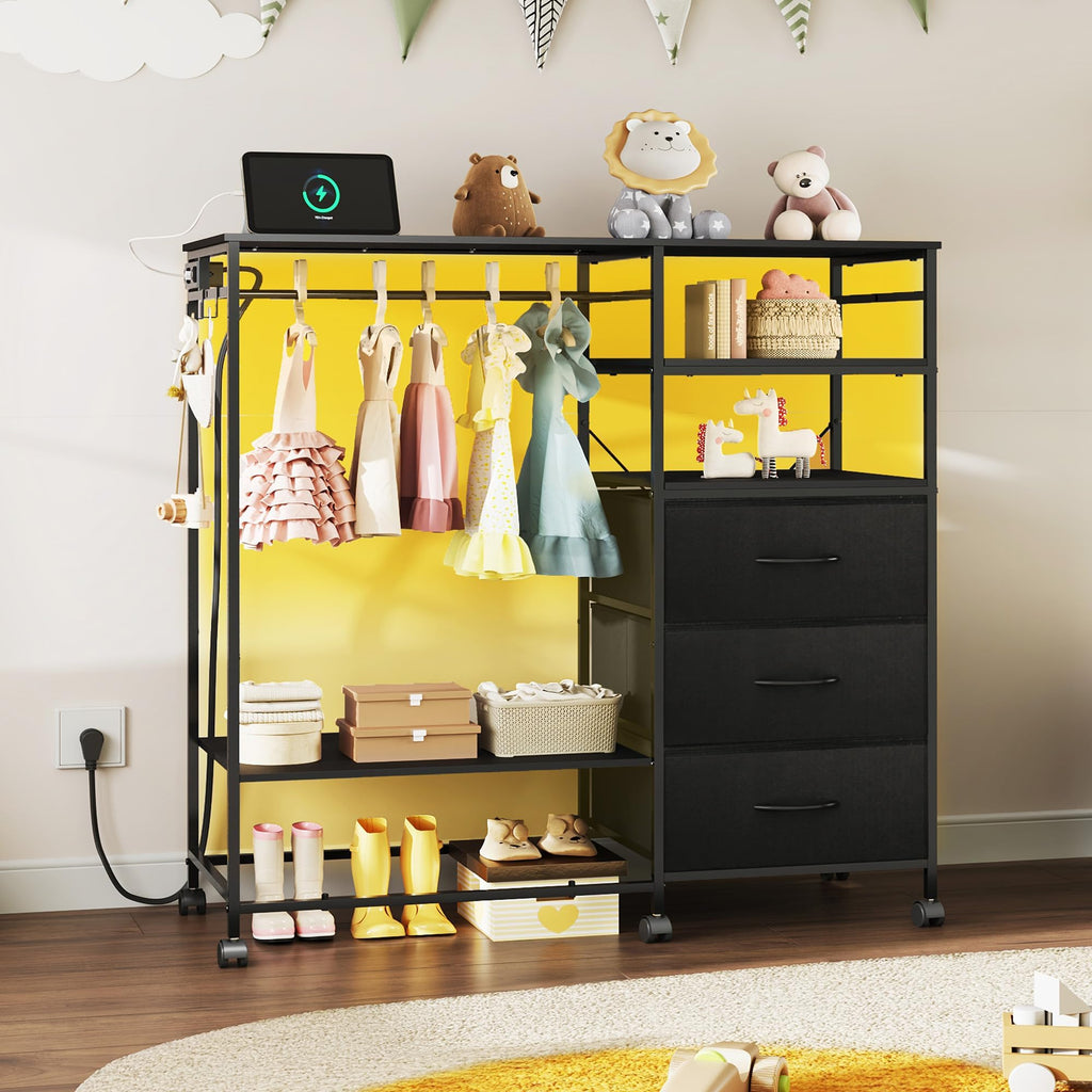 LED Dresser, 3 Drawers with Hanging Rack, Black