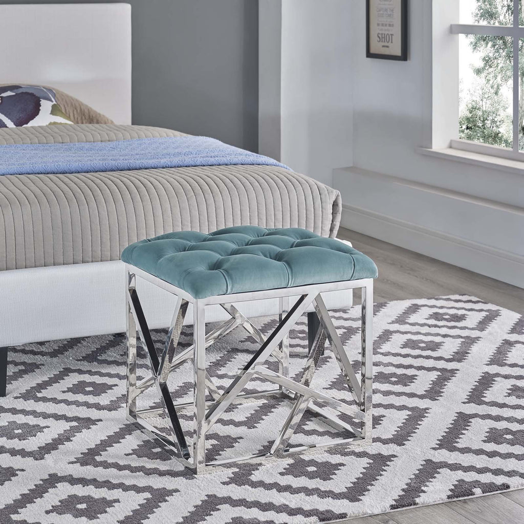 Intersperse Tufted Modern Ottoman with Silver Stainless Steel Geometric Frame in Sea Blue