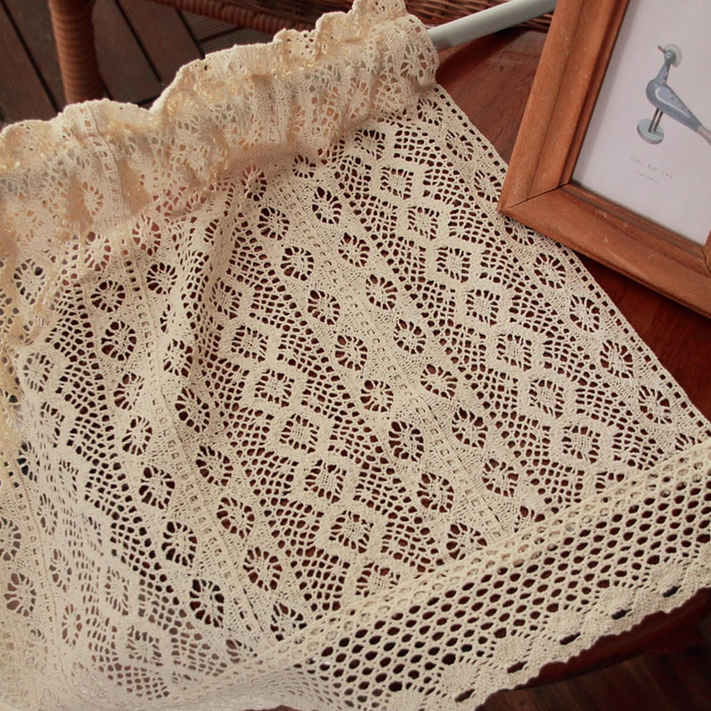Short Curtain for Small Window Rustic Boho Cotton Geometric Hollow Crochet Lace Semi Transparent Cabinet Curtain Door