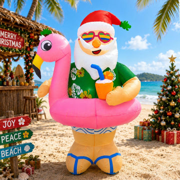 Christmas Inflatables Outdoor Decorations 6FT Hawaii Santa Claus Cute Blow up Xmas Decoration with Led Lighted