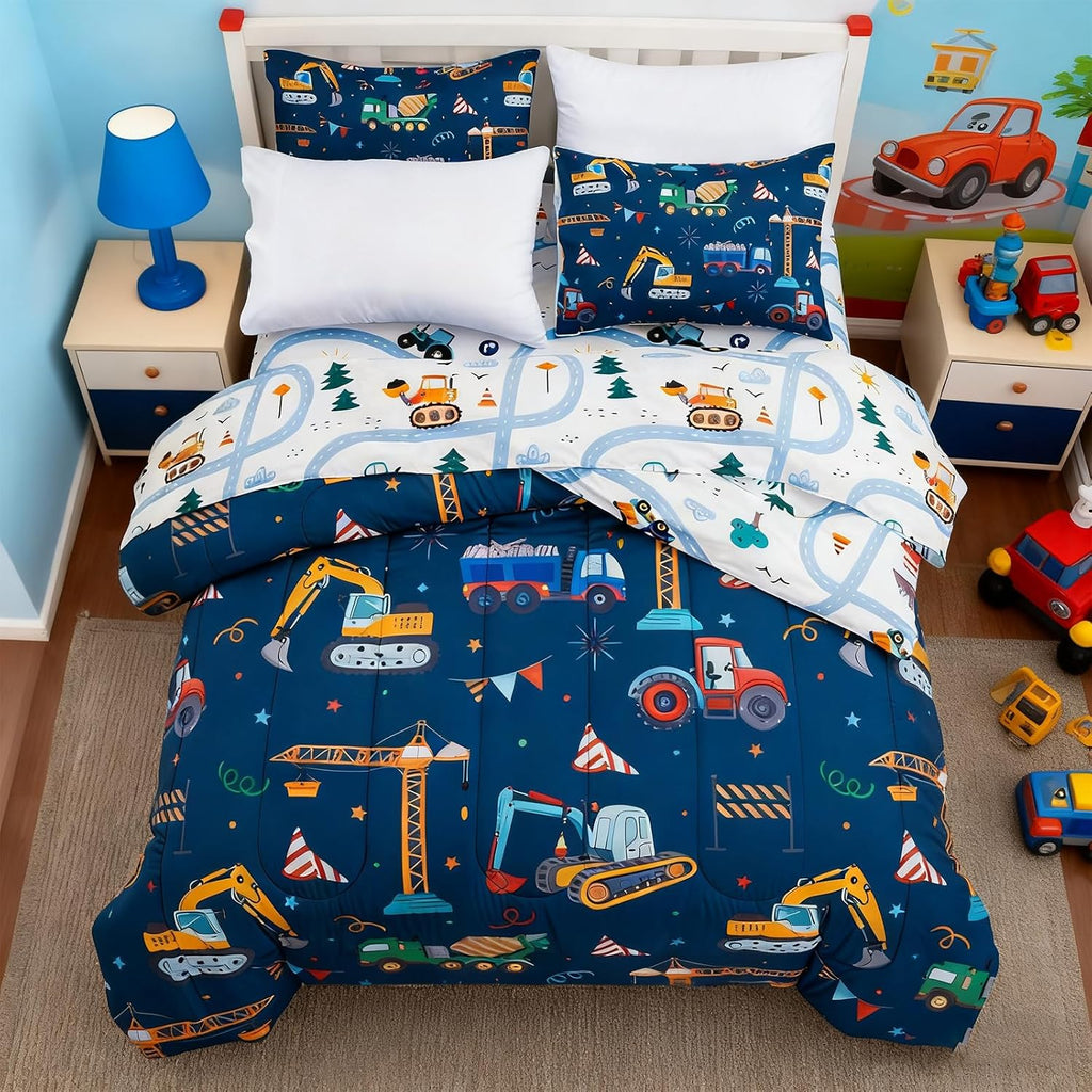 Cars Boy Bedding Comforter Set with Sheets, Full Cartoon Construction Car Excavator Print Kids Bed in