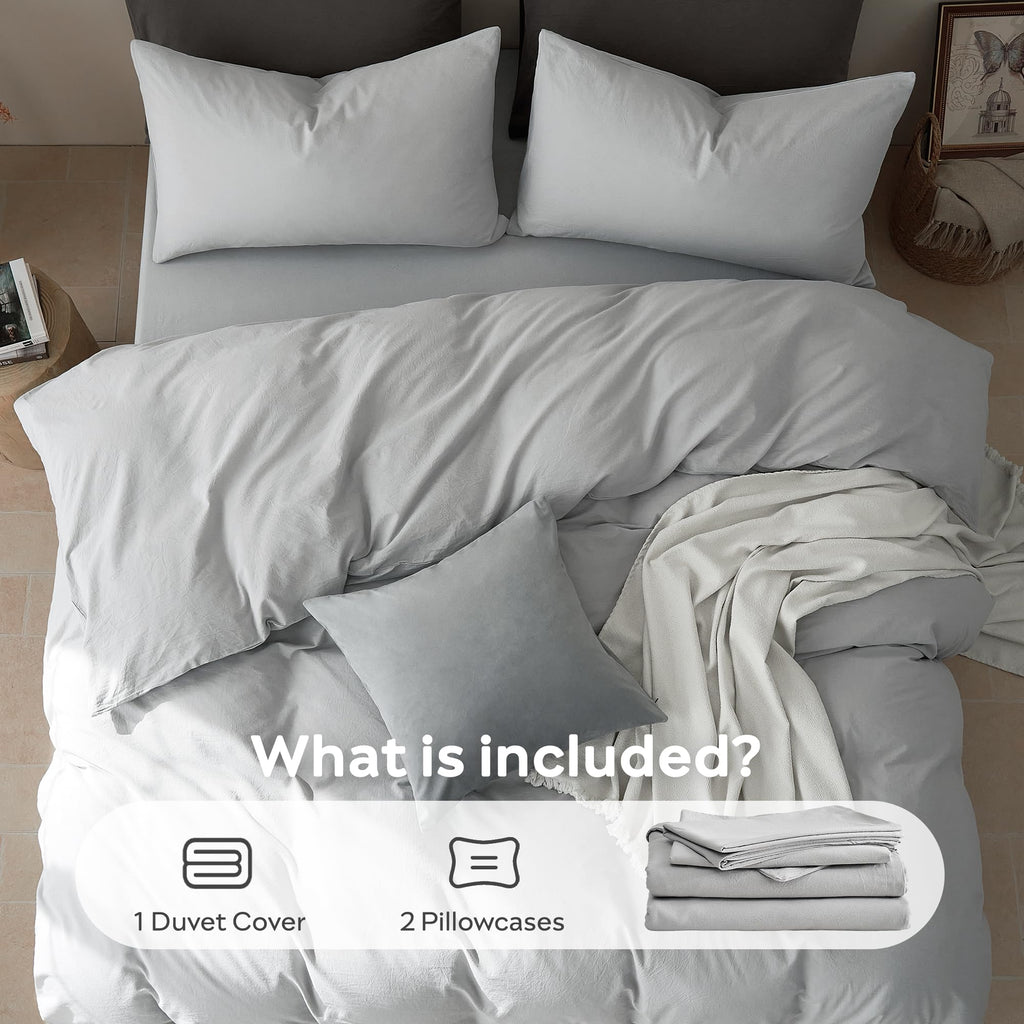 100% Cotton Duvet Cover Set, Washed Linen-Like Texture