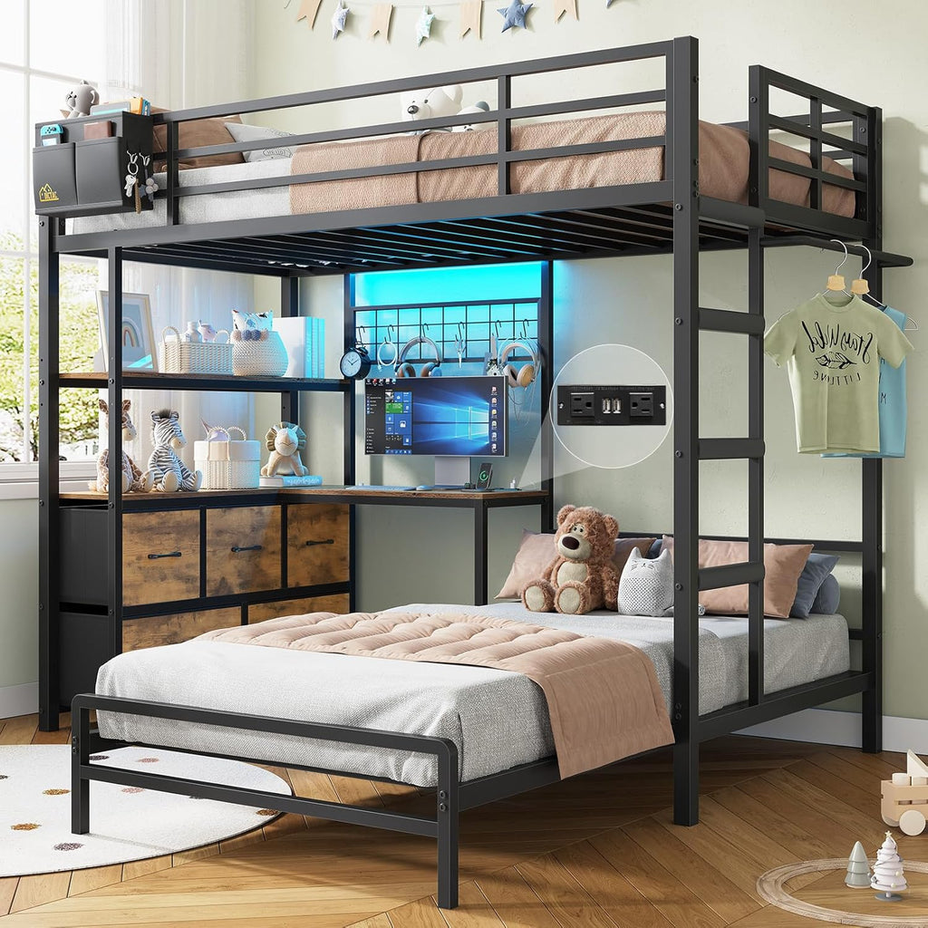 Bunk Bed with L-Shaped Desk,5 Storage Drawers and 2 Shelves Metal Twin XL Over Twin Bunk Bed with LED Lights and