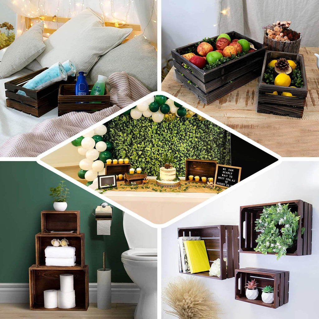 Set of 3 Brown Rustic Wooden Nesting Crates with Built-in Handles, Decorative Farmhouse Storage Boxes and Display