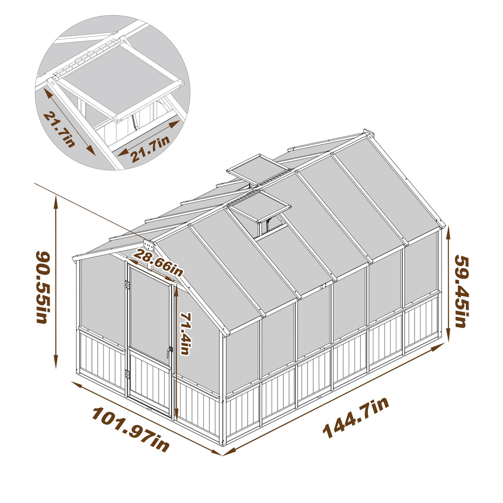 8' x 12' Outdoors Walk-in Greenhouse, Wood Greenhouse with Ventilated Window and Lockable Door, 6mm Polycarbonate