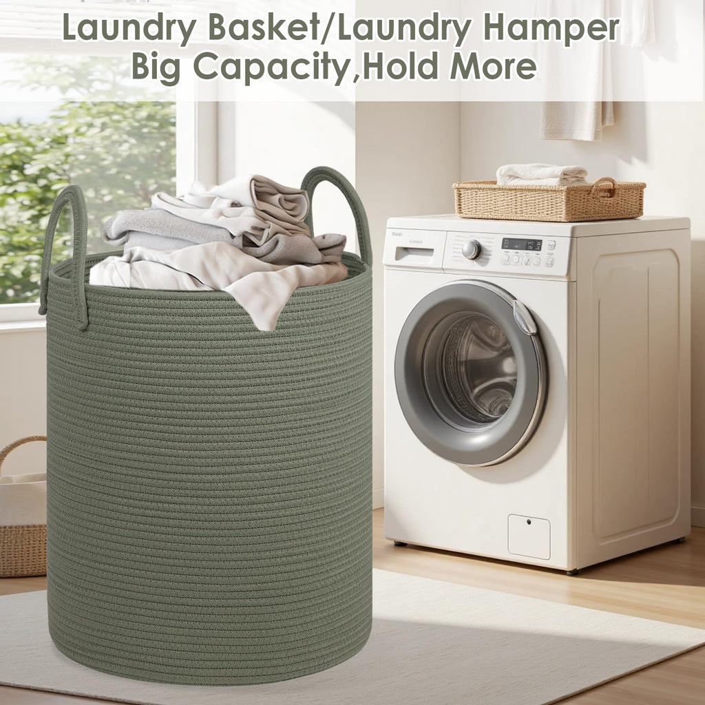 Laundry Basket, 18x18X22 Cotton Rope Storage Basket with Handles, Kids Girl Baby Laundry Hamper, Dirty Clothes