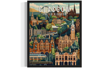 Glasgow United Kingdom Black Framed Print Poster, Europe City Skyline Artwork Painting Wall Vintage Painting Bathroom