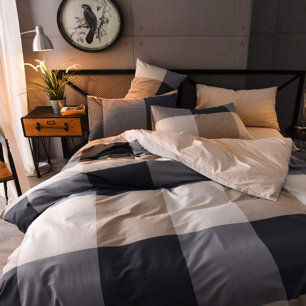 Buffalo Plaid Duvet Cover, 100% Cotton Check Geometric Bedding 3pc Set, Grey Hotel Quality Gingham Plaid Print