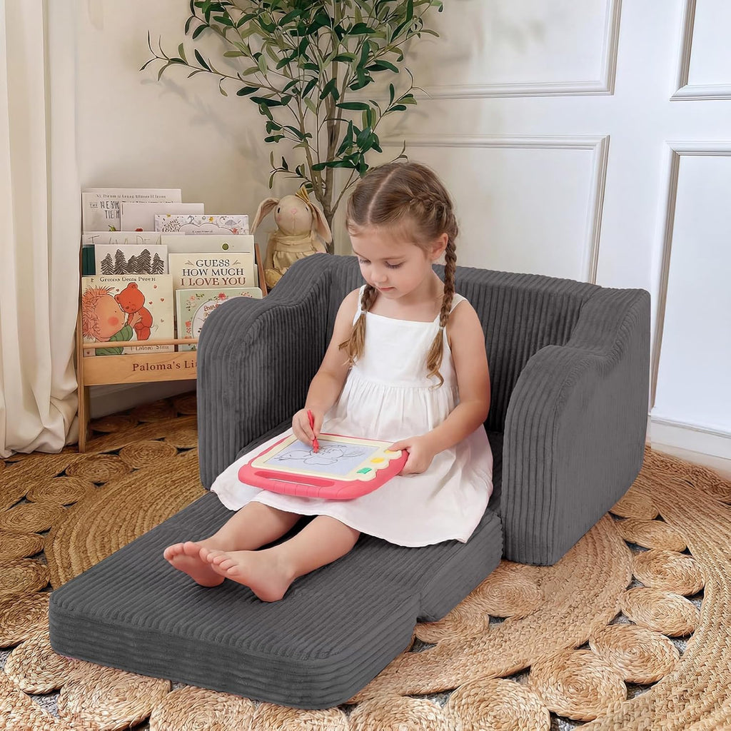 Kids Chair, in-1 Corduroy Fold Out Sofa, Foam Seat, Dark Grey