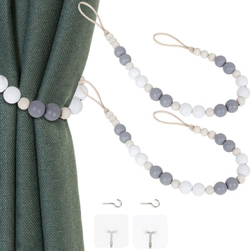 Wood Bead Curtain Tieback, Boho Curtain Holdback for Wall - 2 Pack