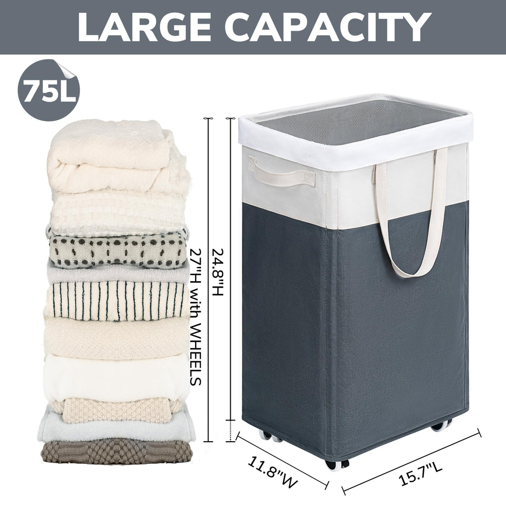 75L Rolling Dirty Clothes Hamper with Wash Bag for Laudnry