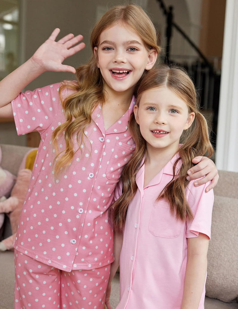 Pajamas for Girls Short Sleeve Long Pants Sleepwear Button Pjs Set