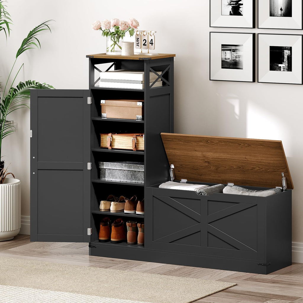 Shoe Cabinet with Bench, L-Shaped Shoe Bench, Storage Bench, Farmhouse Shoe Storage Cabinet with Adjustable Shelves