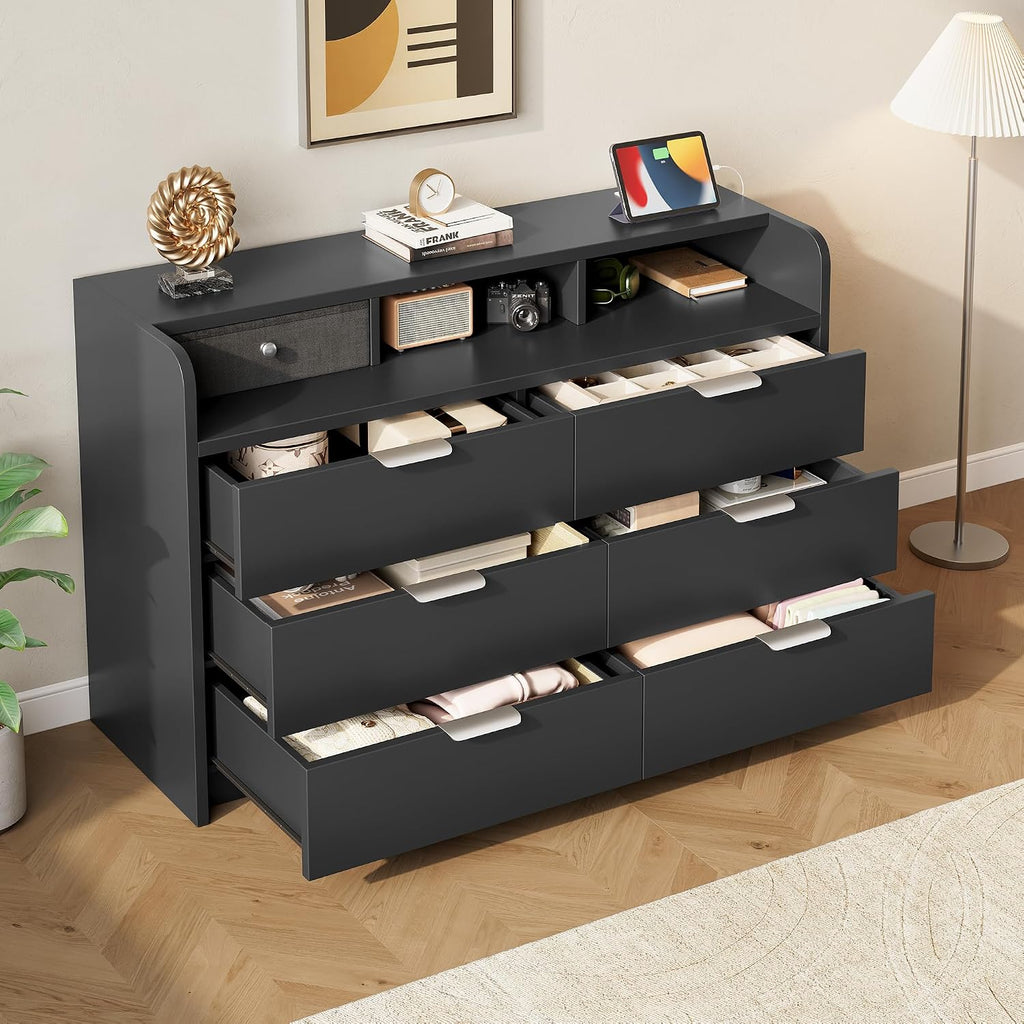 53'' Wide 9 Drawer Dresser , Wood TV Stand Dresser with Power Outlets & LED Light, Chest of Drawers Closet Store