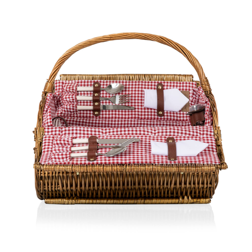 Barrel Wicker Picnic Basket for 2, Romantic English-Style Rounded Wooden Wicker Basket with Deluxe Service for 2