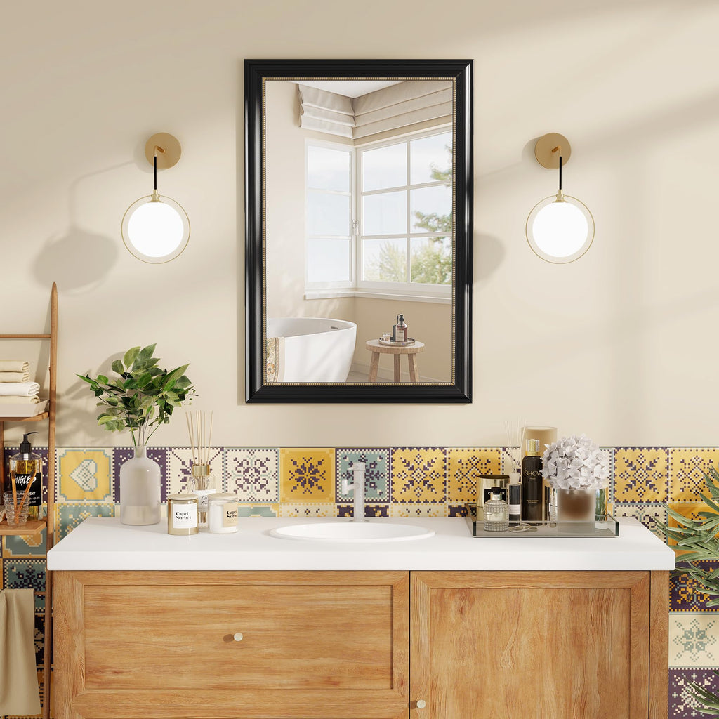 32x48 Rectangular Wall Mirror, Decorative Bathroom Mirror, Traditional Vintage Wall Mounted Mirror with Beaded Frame
