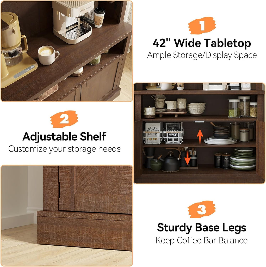 72" Farmhouse Coffee Hutch Cabinet, Large LED Buffet Sideboard with Wine Rack & Glass Shelf, Tall Kitchen Storage