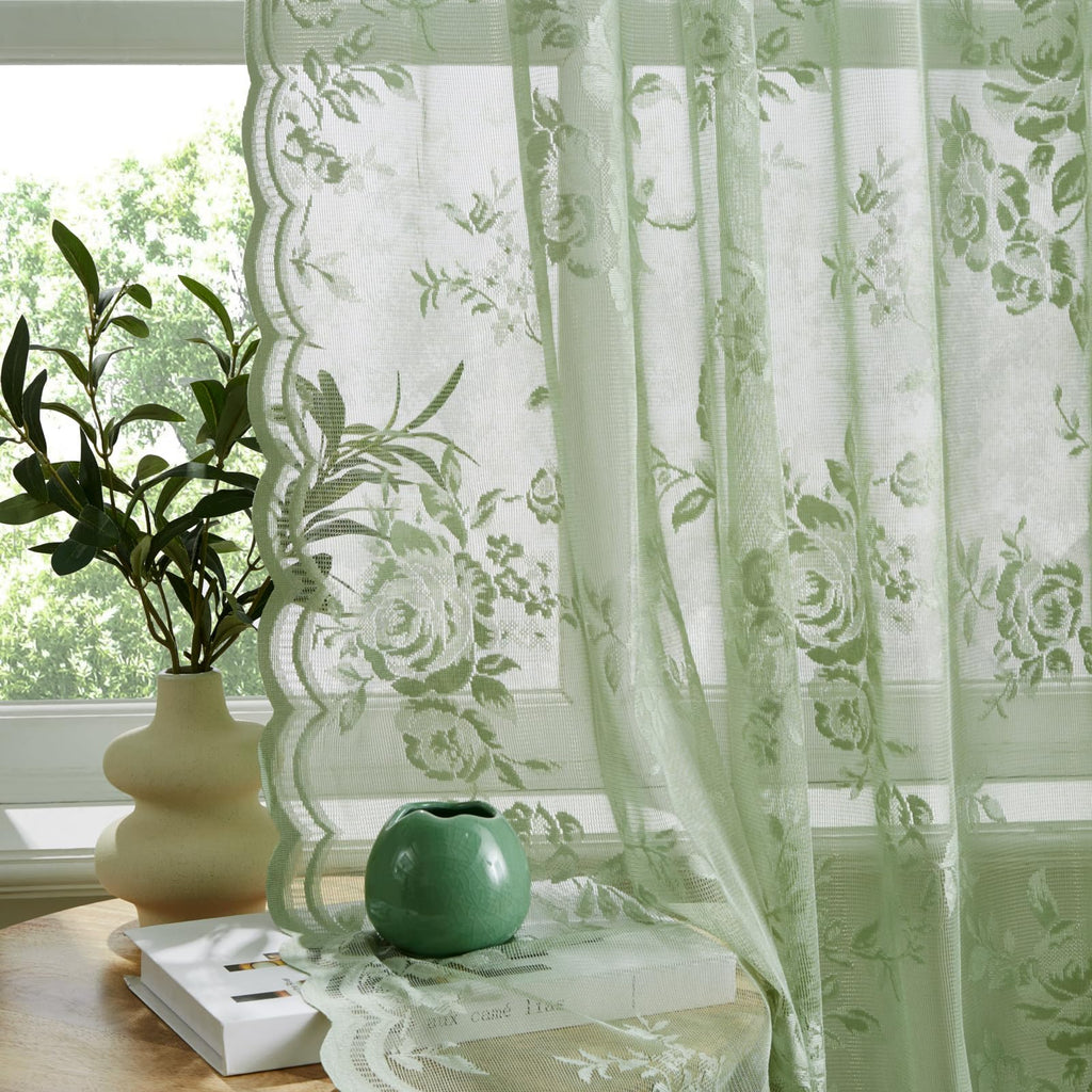 Sage Green Lace Curtains 108 Inches Long Spring Country Floral Sheer Curtains Rod Pocket Light Filtering Vintage