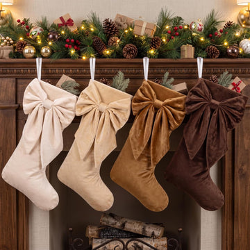 4 Pack Brown Series Velvet Christmas Bow Stockings 18" Coquette