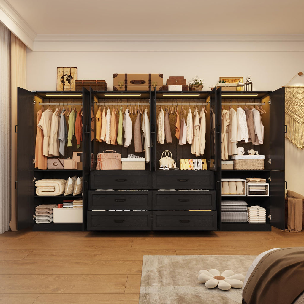 75" Tall Farmhouse 8 Doors Armoire Wardrobe Closet with 6 Drawers and LED, Freestanding Closet Wardrobe Cabinet with