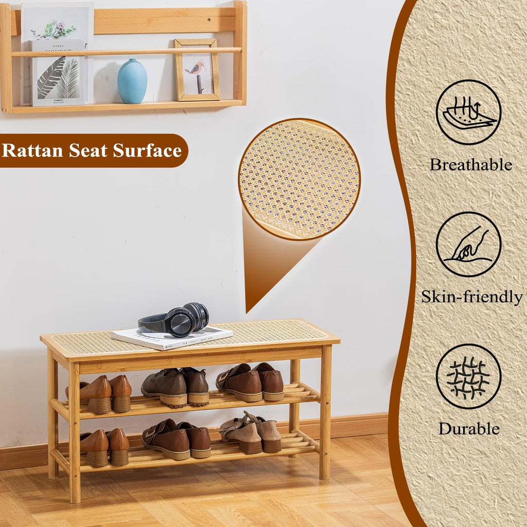 Bamboo Entryway Bench with Woven Rattan Seat, 2-Tier Shoe Storage Bench 31.5 inches Nature