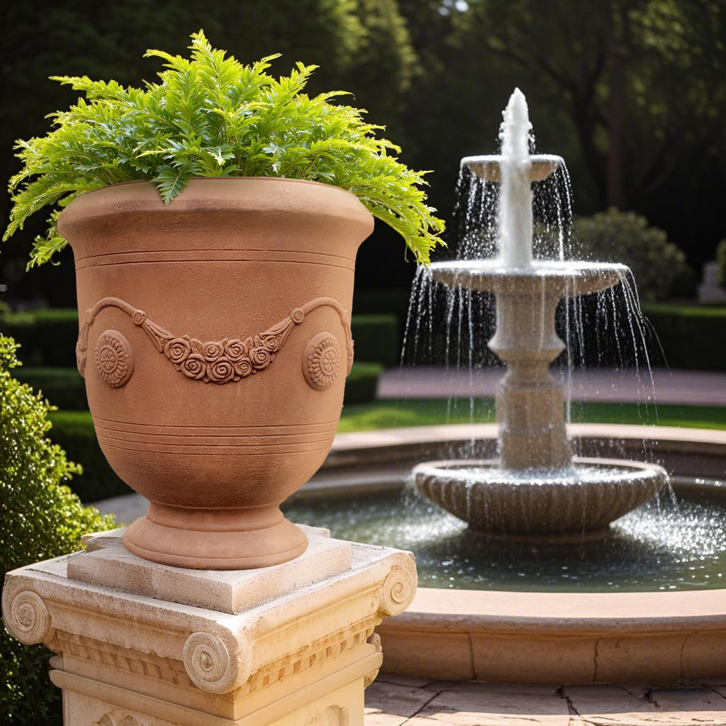 Large Urn Planter - 14" Dia x 16.5" H Lightweight Magnesium Oxide Plant Pot with Cement Texture - Rust-Like Finish
